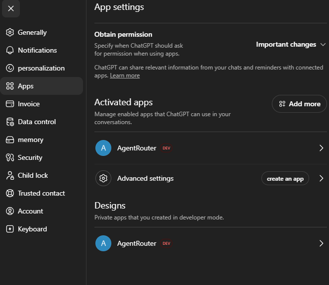 ChatGPT App Settings showing AgentRouter in Activated Apps
